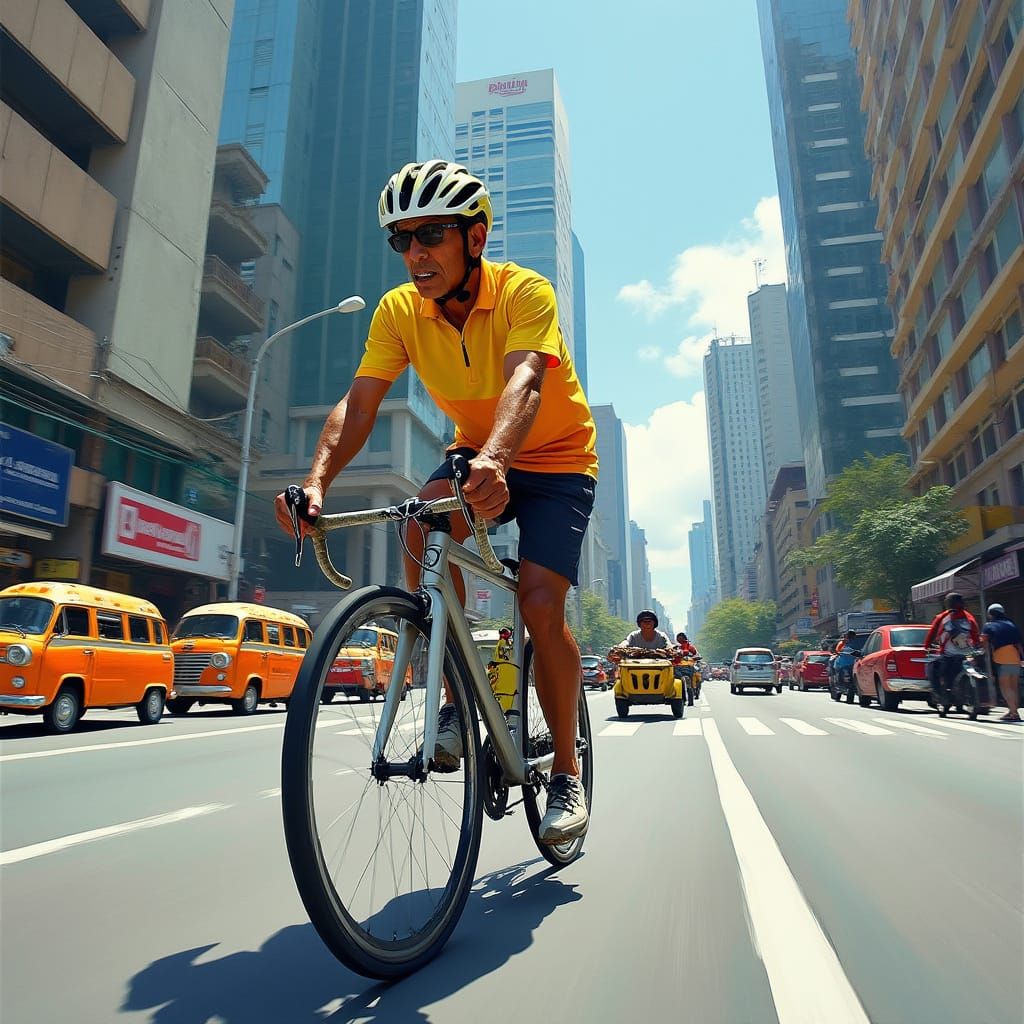 Filipino Cyclist Pedals Through Bustling City Streets in Vib...