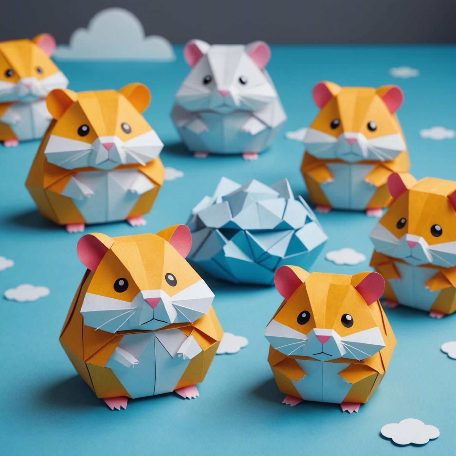 Origami Cloud Hamsters Smiling in Soft Focus