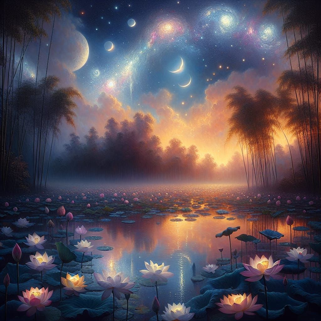Lotus Pond Reflecting a Cosmic Sky, Impressionist Oil Painti...