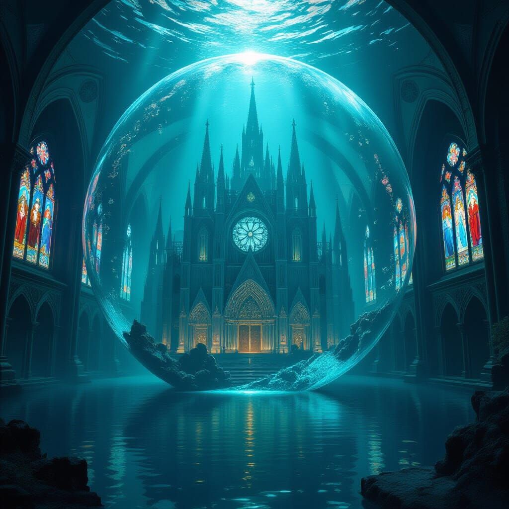 Submerged Gothic Cathedral in Air Bubble, Dark Fantasy Art