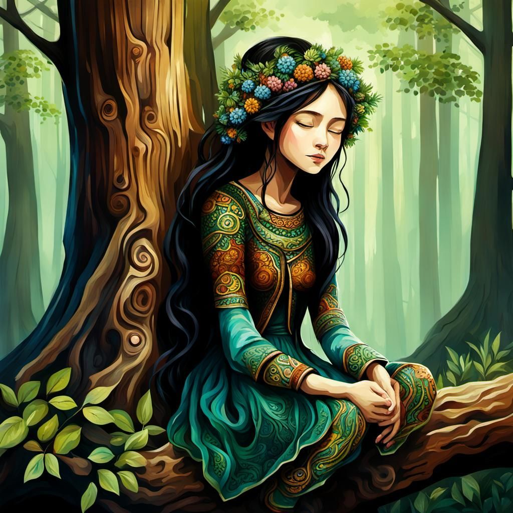 Woman in Forest, Intricate Splendid Painting