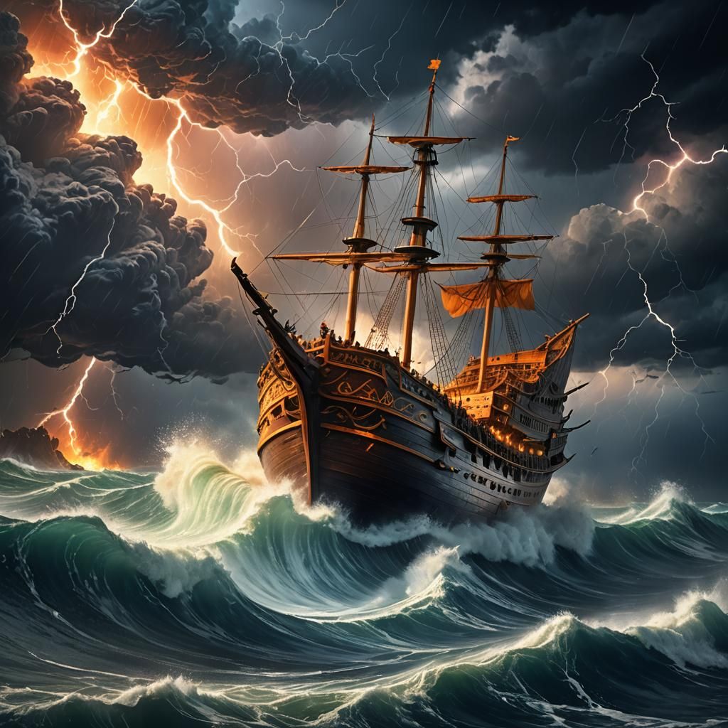 Noah's Ark Sails Stormy Seas: Epic Fantasy Art
