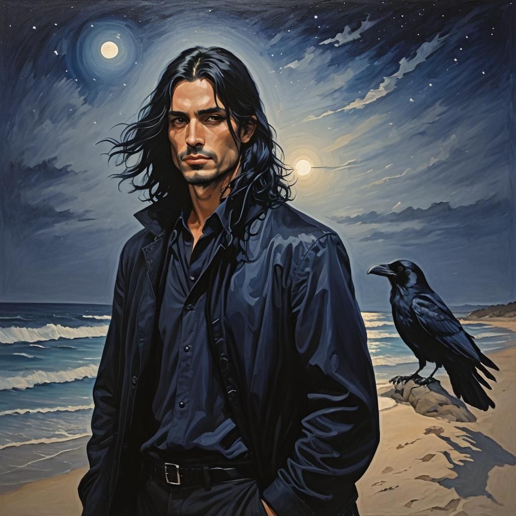 Moonlit Beach Raven Portrait in Oil Painting Style