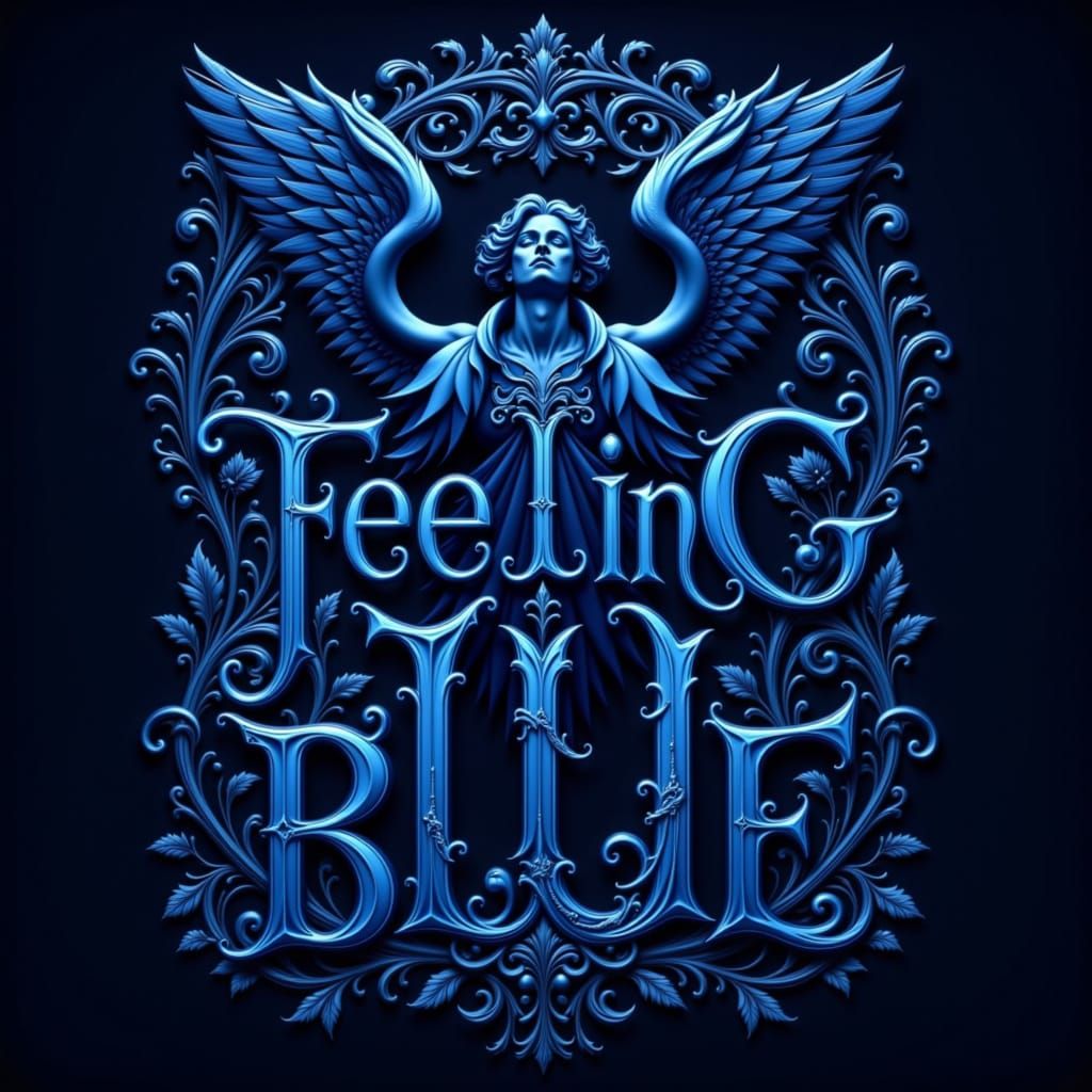 Dark Blue Angelic Words in Art Nouveau Style