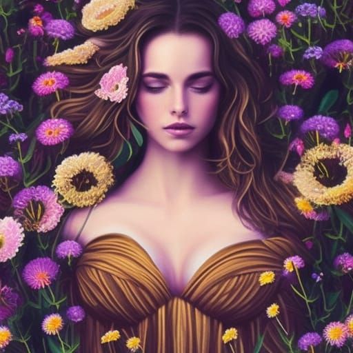 Radiant Woman in Flower Field, Detailed Matte Painting