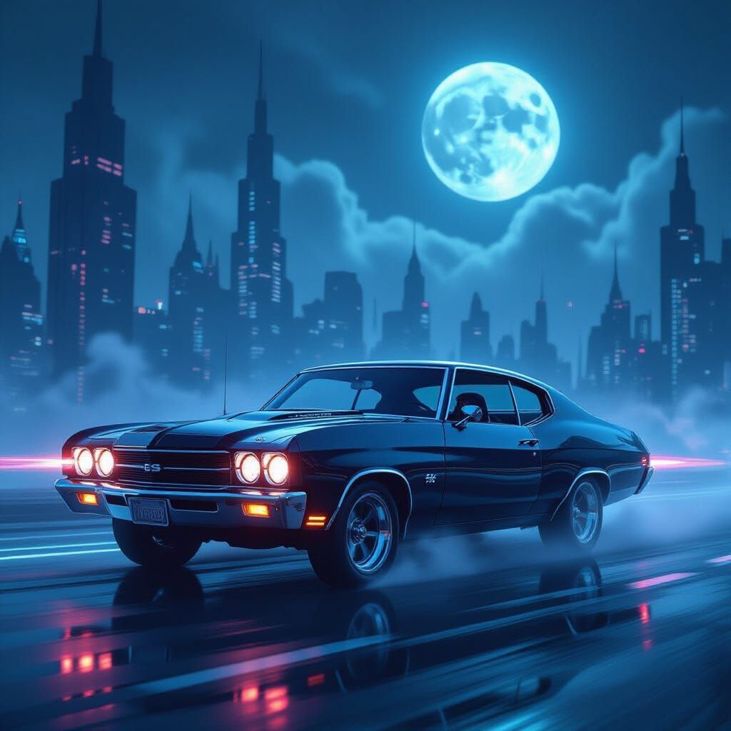 Sci-Fi 1970 Chevelle Concept Art with Neon Hover Accents