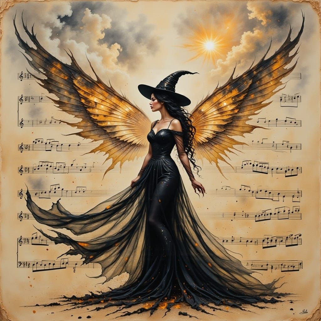 Beautiful Fairy Witch Mixed Media Ink Painting