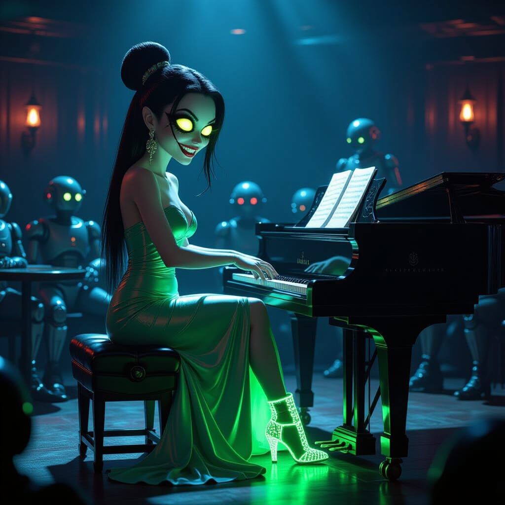 Alien Pianist in Luminous Green Plays on Distant World