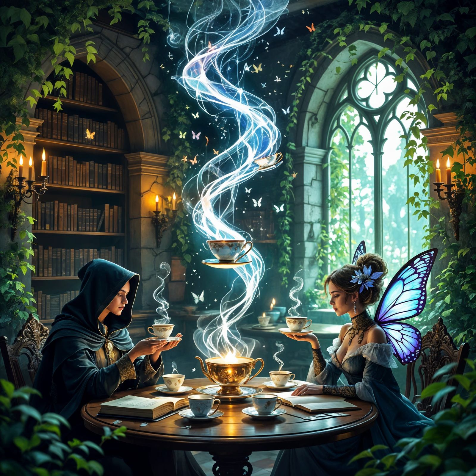 Magical Floating Cafe Interior With Mystical Patrons
