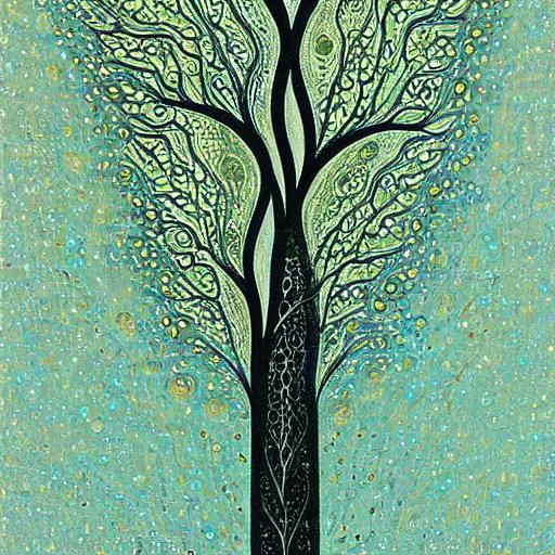 Ethereal Stork-Dragon and Youth in Intricate Tree