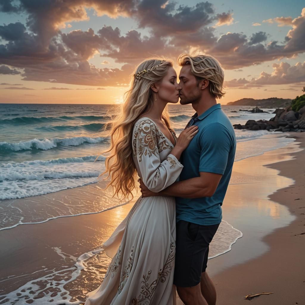 Romantic Sunset Beach Kiss: Fantasy Concept Art