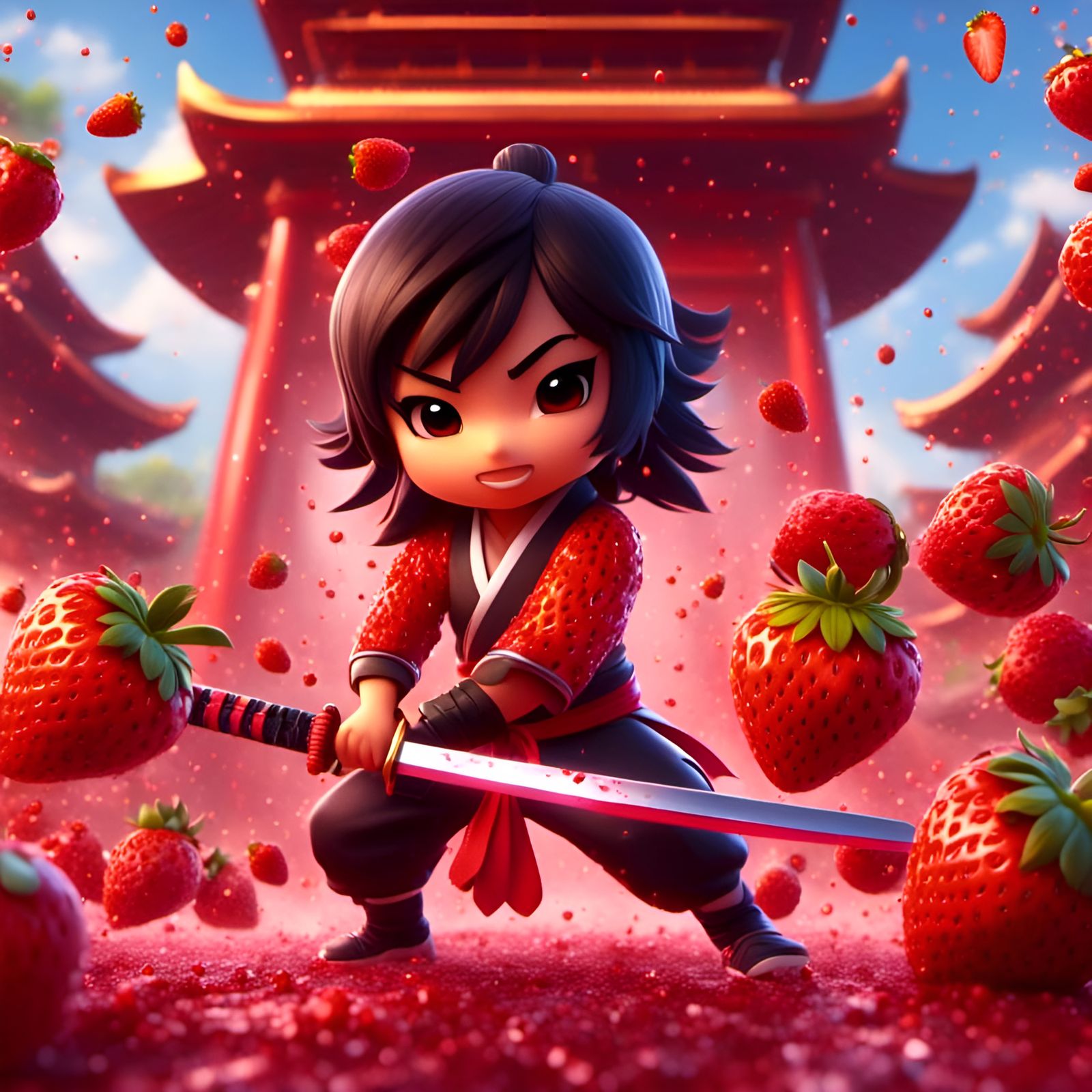 Chibi Fruit Ninja Slices Strawberry with Katana
