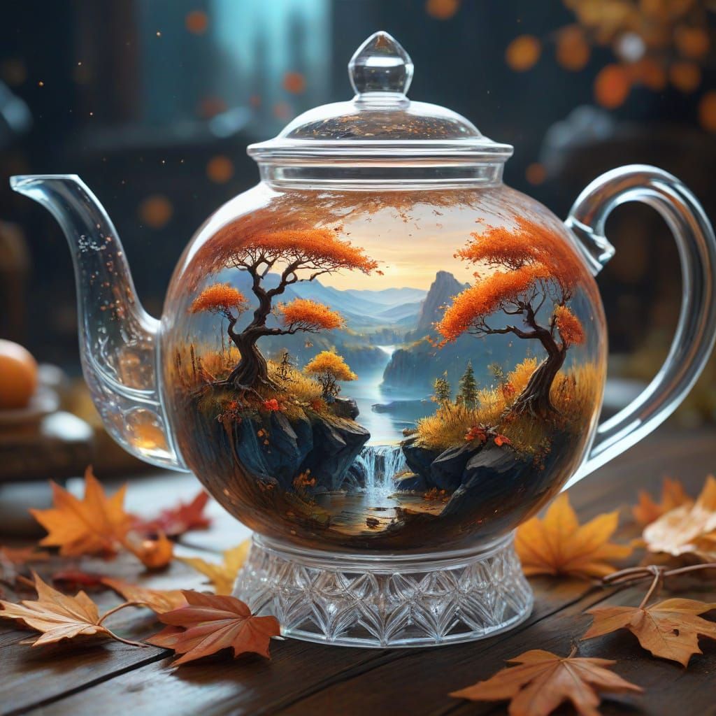Starlit Autumn Landscape Pours From Crystal Teapot