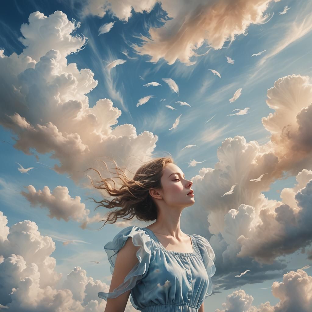 Dreamlike Surrealism: Woman Floating in Cloudy Sky