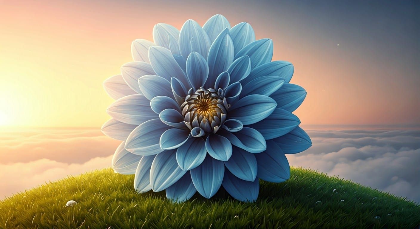 Luminous Blue Dahlia on Green Hill, Digital Art