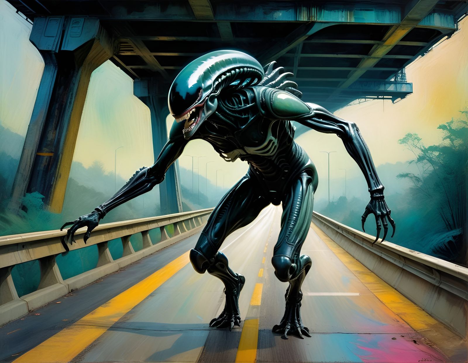 Xenomorph on Highway in Expressionist Style
