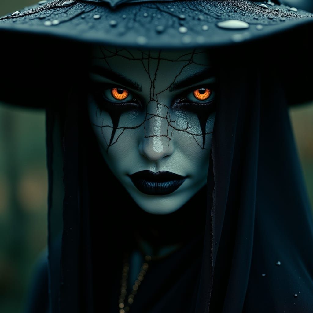 Evil Witch with Glowing Eyes and Cracked Skin