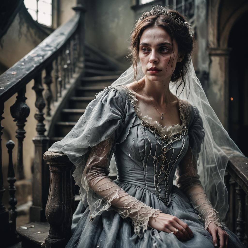 Ghostly Lady on Gothic Staircase: Ethereal Portrait