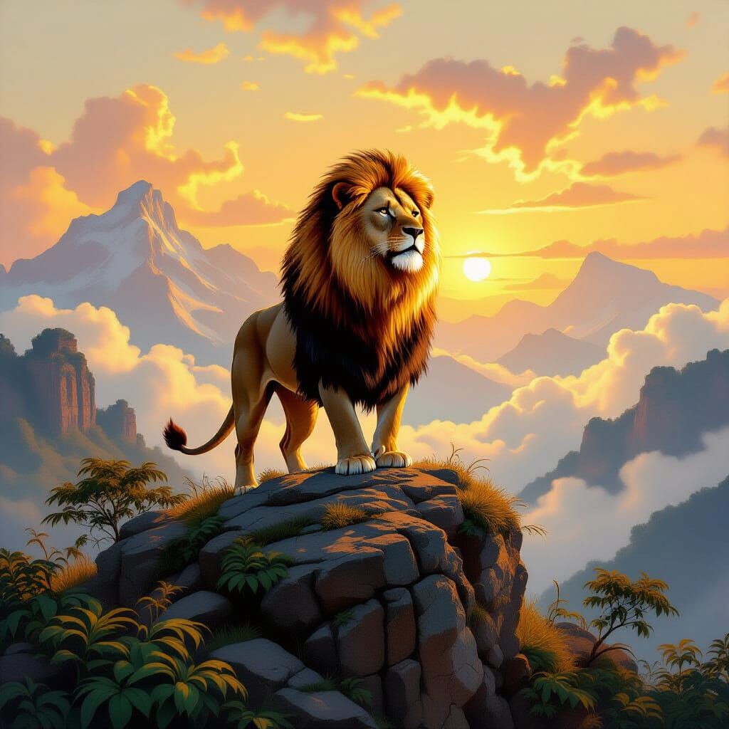 Lion on Misty Peak in Classic Oil Painting Style