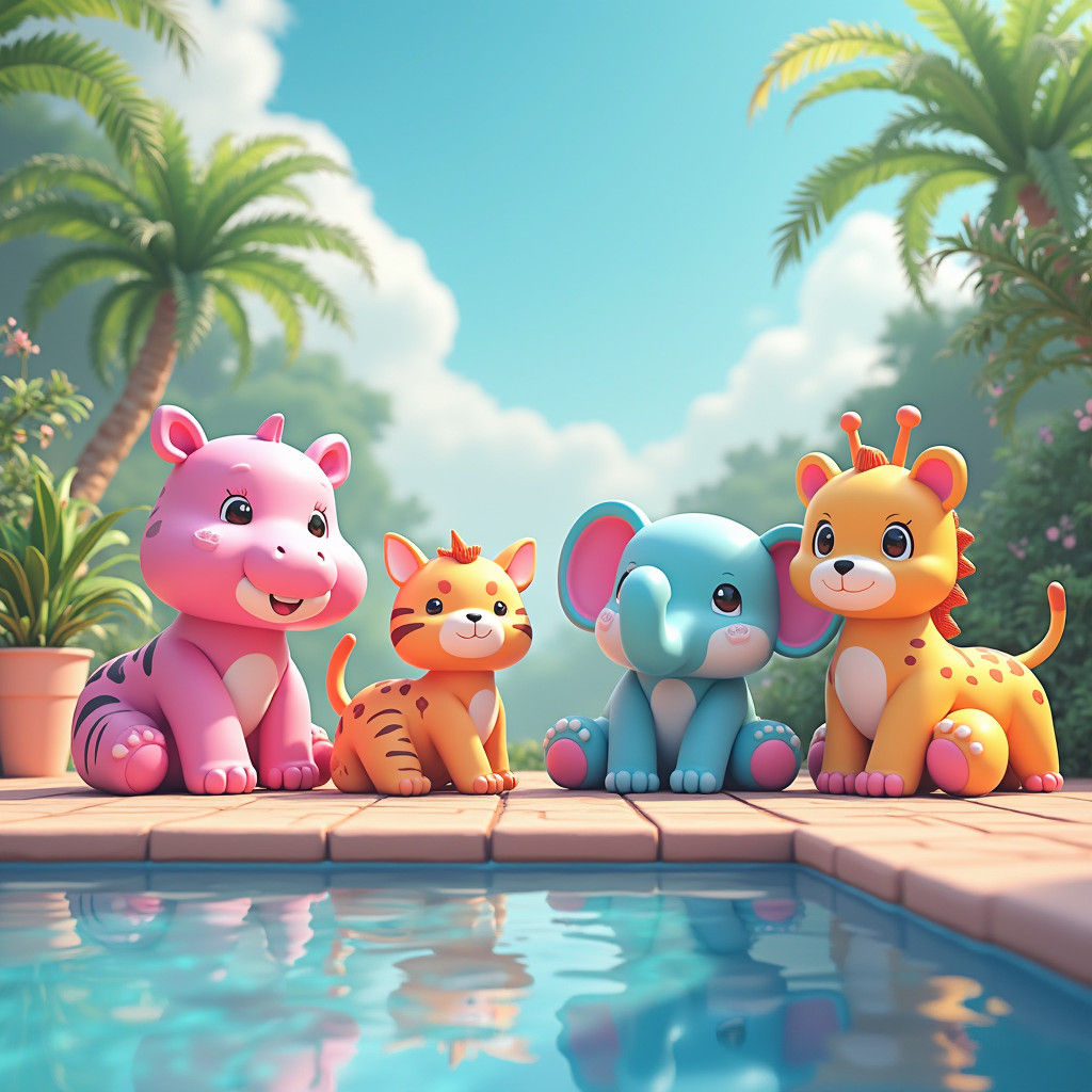 Pastel Pool Toys: 3D Anime Art on Sun-Drenched Deck
