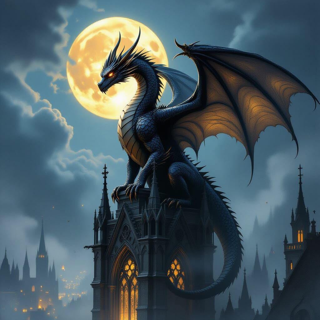 Ancient Obsidian Dragon on Gothic Spire in Moonlight