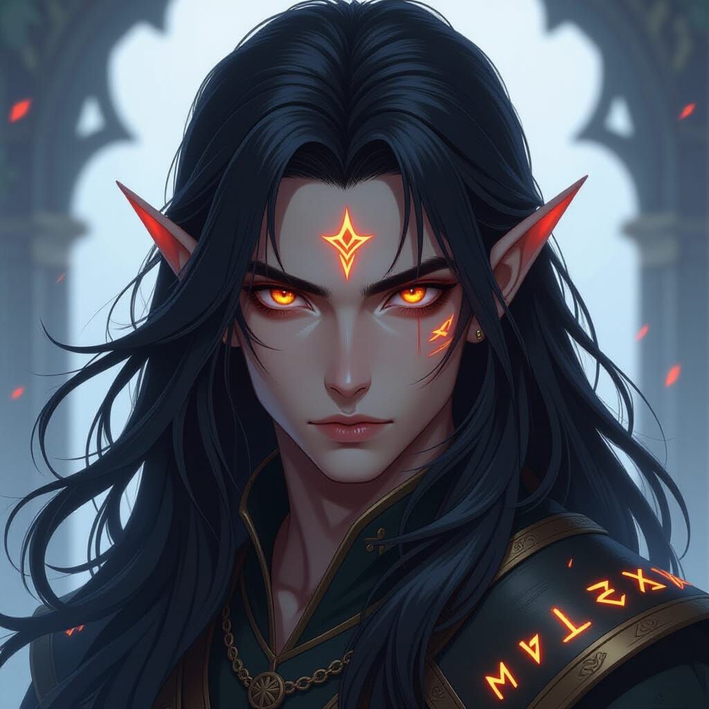Anime Wood Elf with Glowing Runes and Ember Eyes