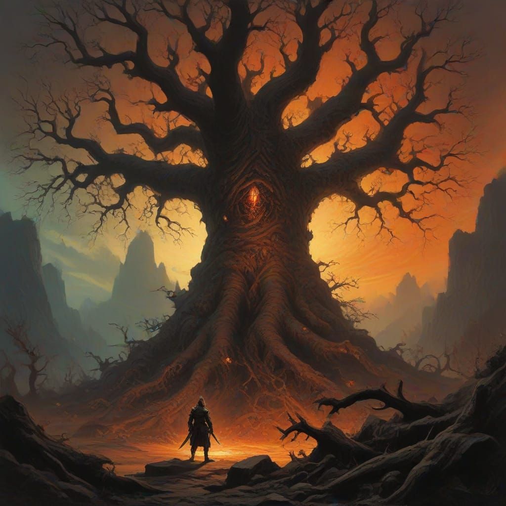 Knight Before Nightmare Tree in Fiery Sky