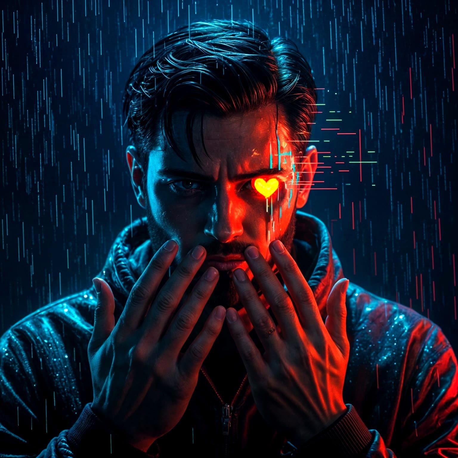 Glitched Portrait of Man with Heart in Digital Style