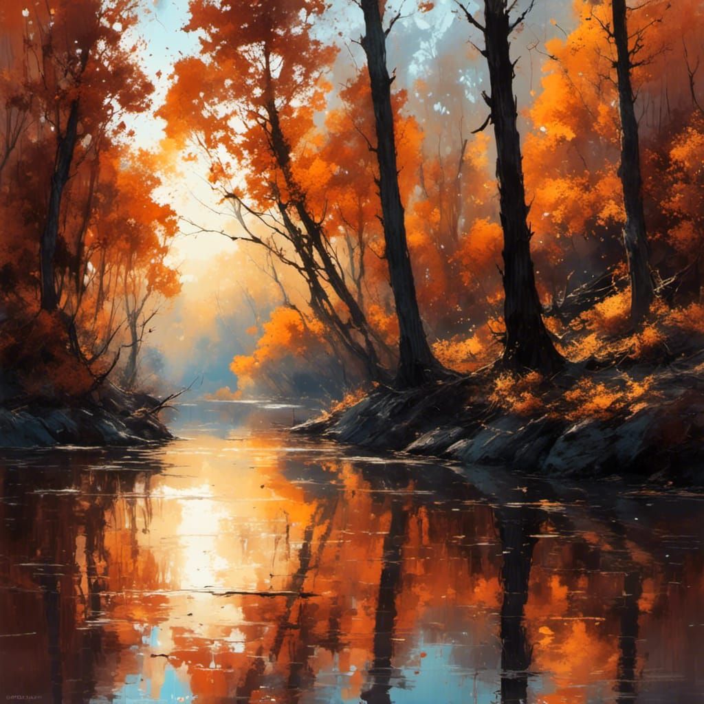 Autumn Trees Reflect in Bright Morning Sun