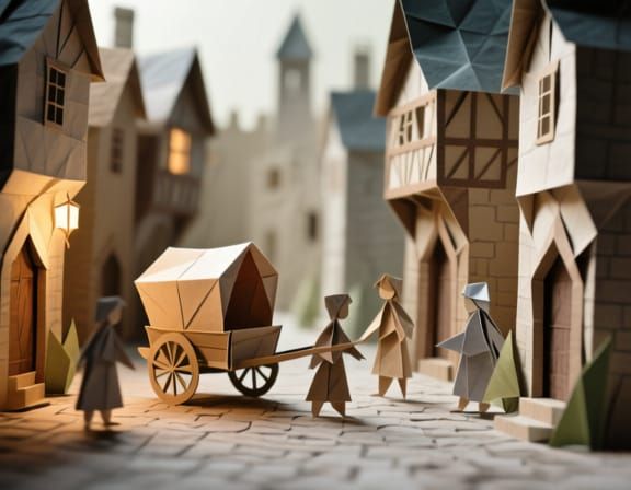 Origami Medieval Streetscape With Paper People