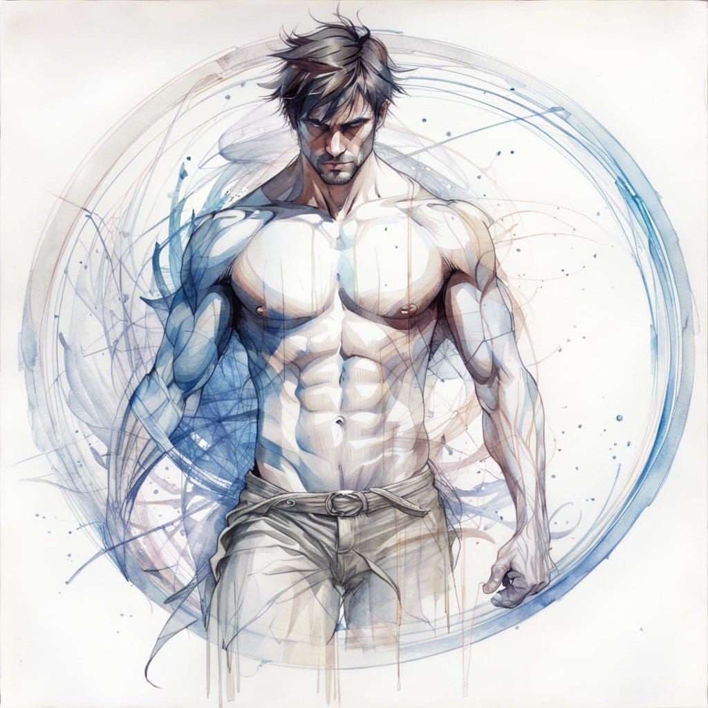 Watercolor Line Drawing Portrait of a Strong Man