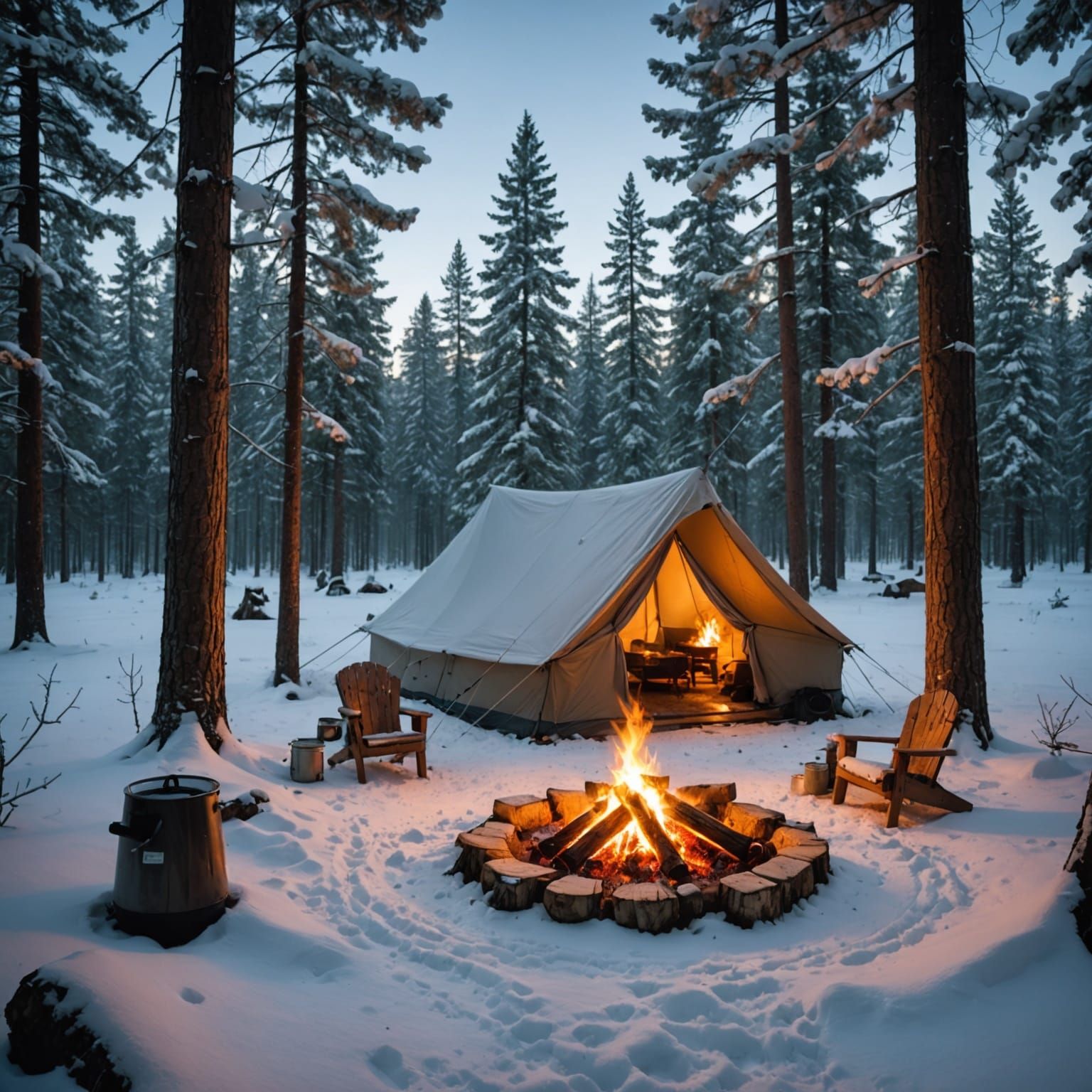 Winter Campsite Serenity in Snowy Forest