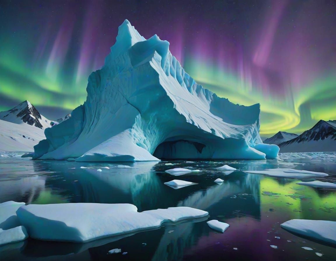 Aurora Borealis Illuminates Majestic Iceberg in Arctic Lands...
