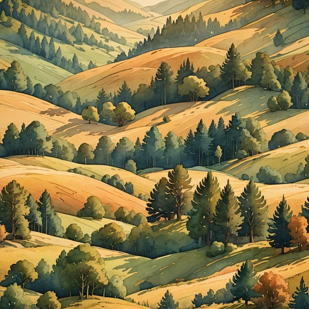 Summer Sunset Landscape: Digital Watercolor Illustration