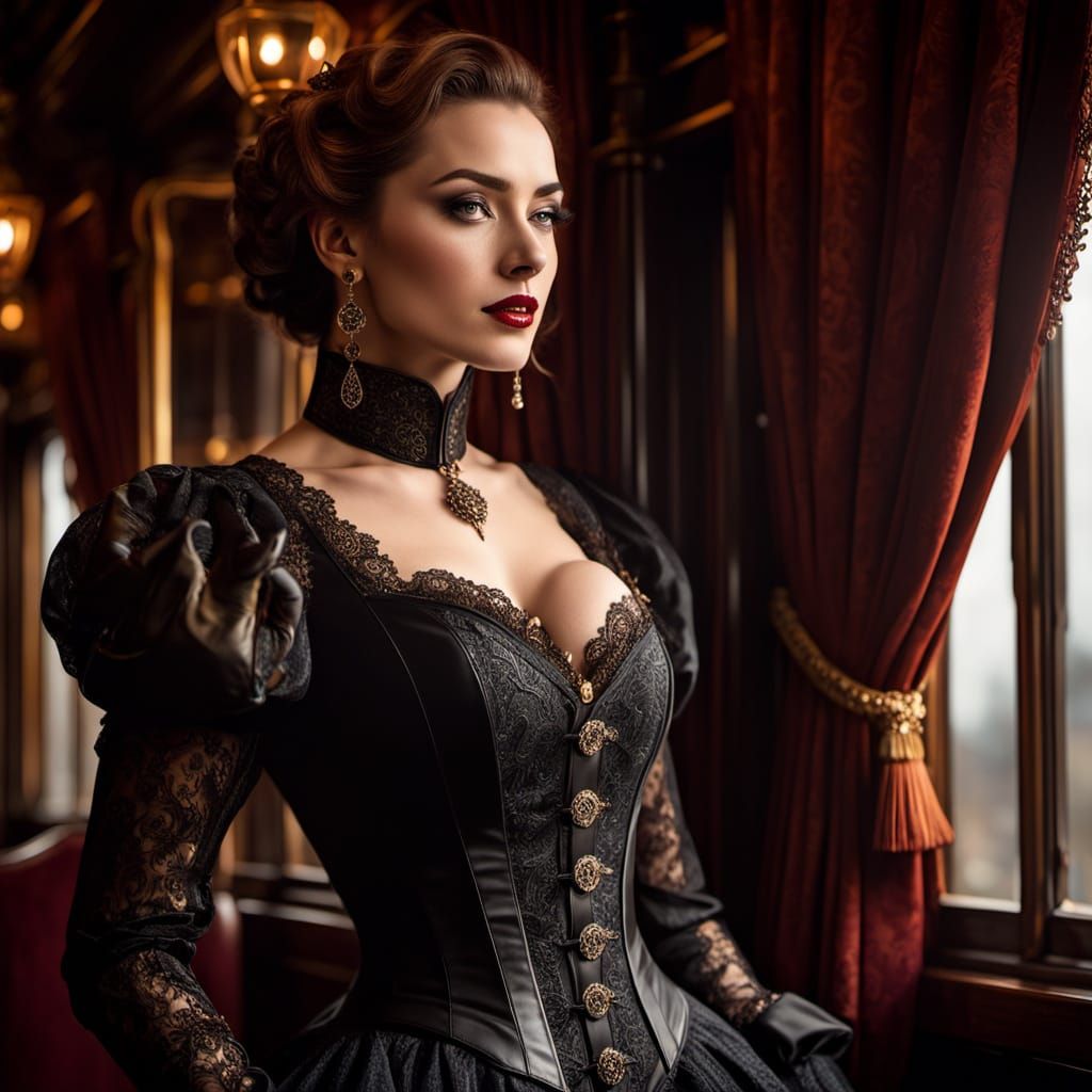 Elegant Victorian Goddess in Opulent Train Car Setting