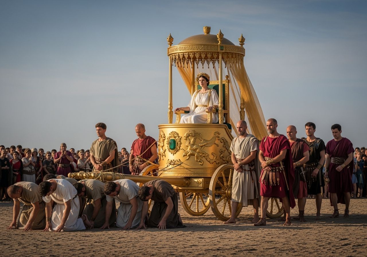 Regal Roman Empress on Golden Chariot Throne