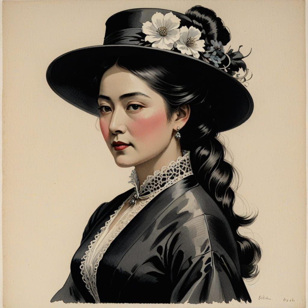 Victorian Woman in Sumi-e Style