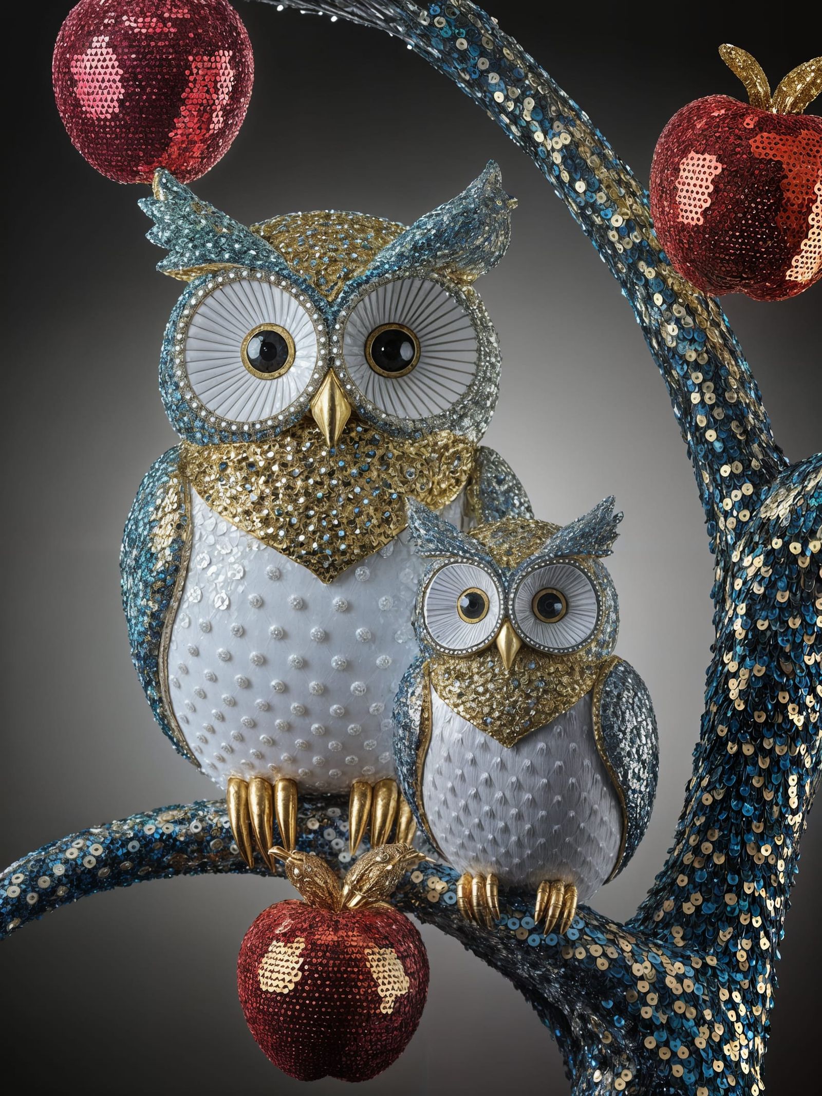 Luxurious Sequined Owls Perch in a Glittering Apple Tree