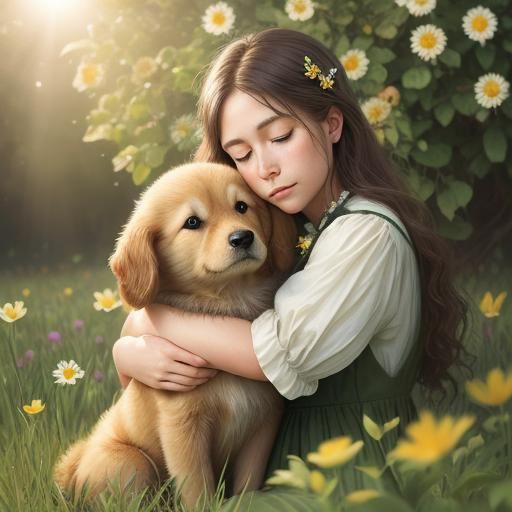 Girl Hugging Puppy in Sunny Meadow, Photorealistic