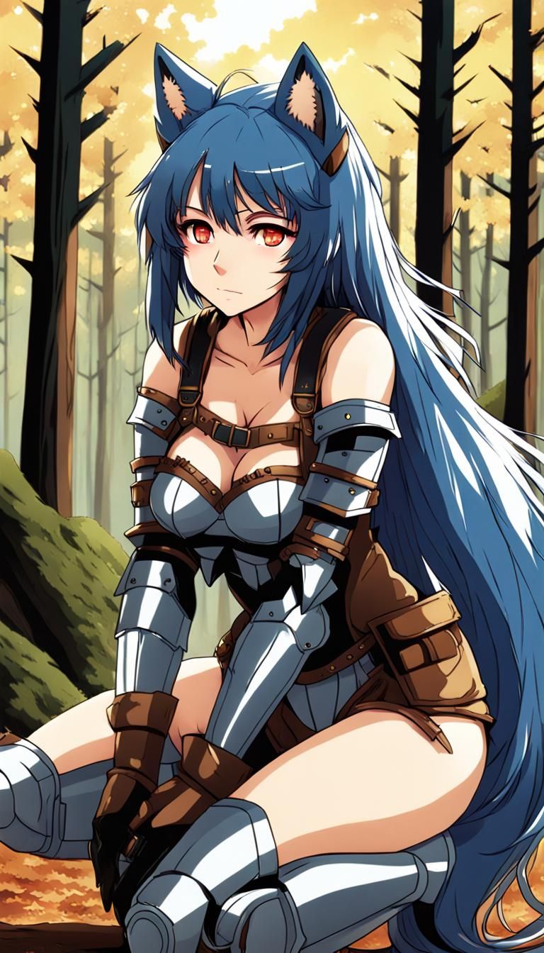 Anime Girl with Wolf in Forest