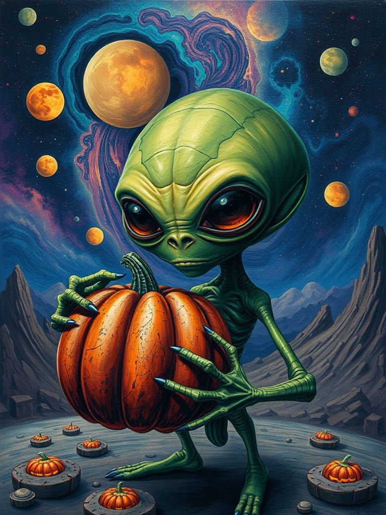 Green Alien with Mechanical Pumpkin in Sci-Fi Landscape