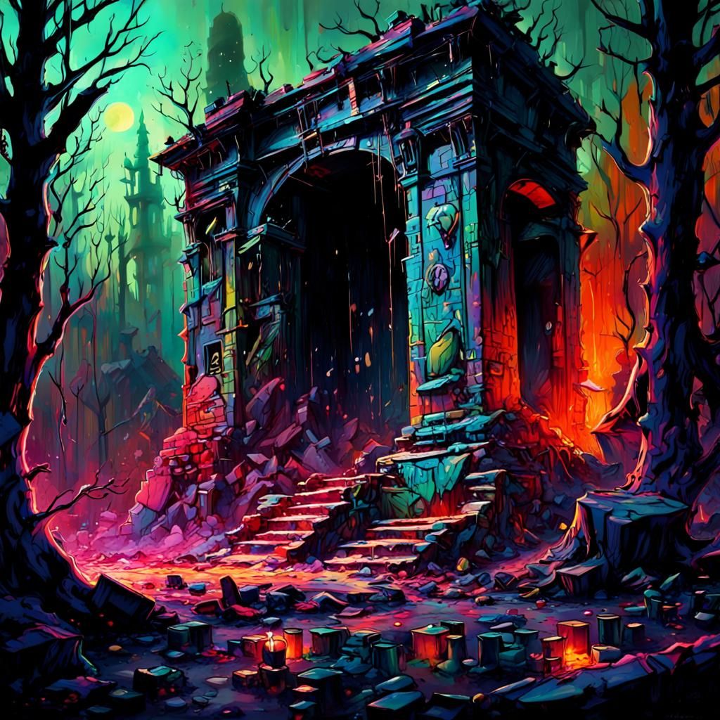 Vengeful Scene in Old Forest as Graffiti Art