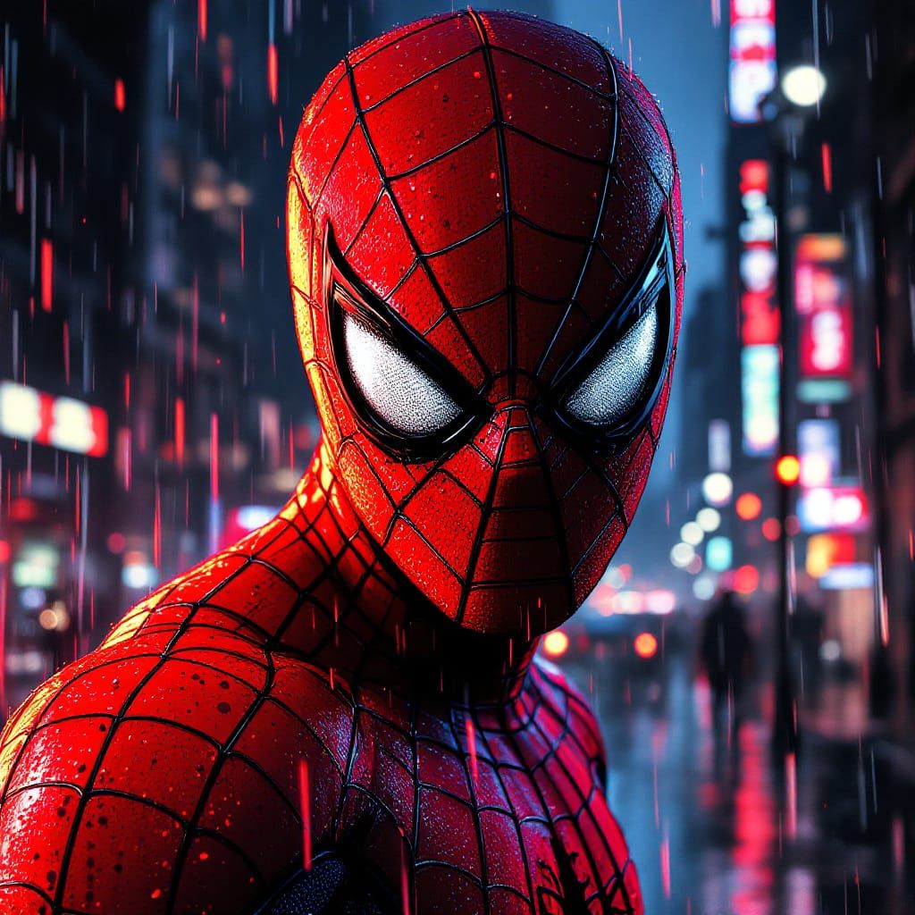 Spider-Man Comic Art Portrait in Neon Rainy New York