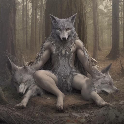 Shamanistic Wolf Forest Spirit with Religious Themes