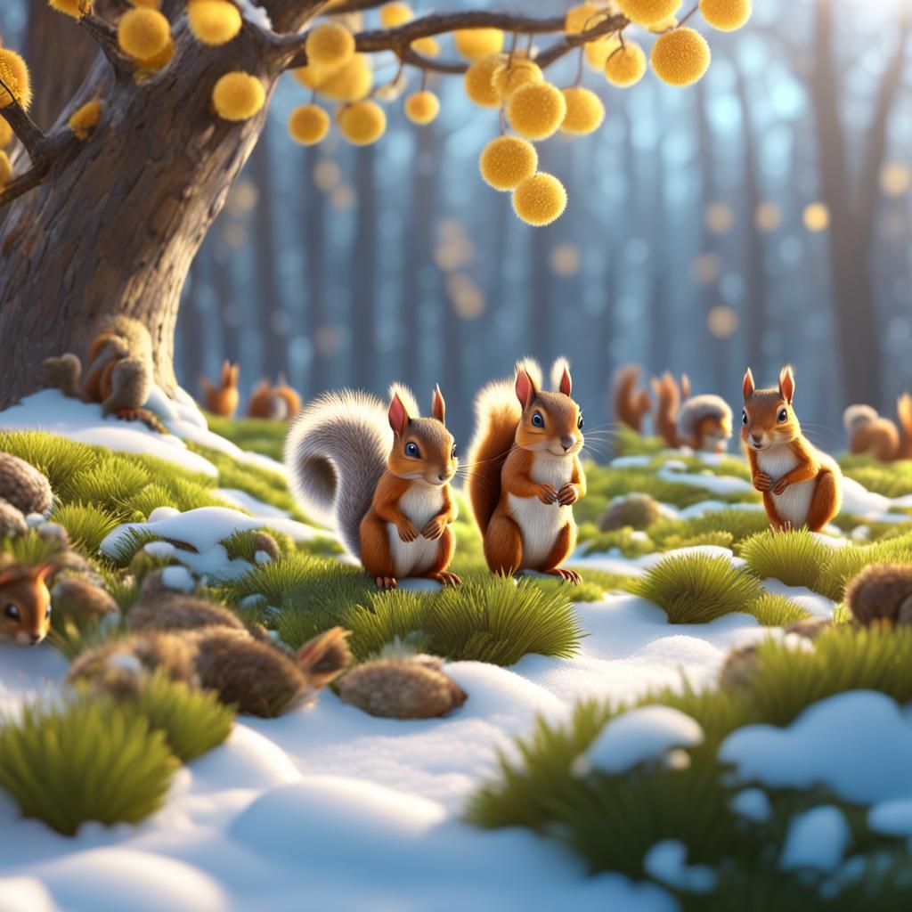 Spring Awakening: 3D Cartoon Landscape with Squirrels