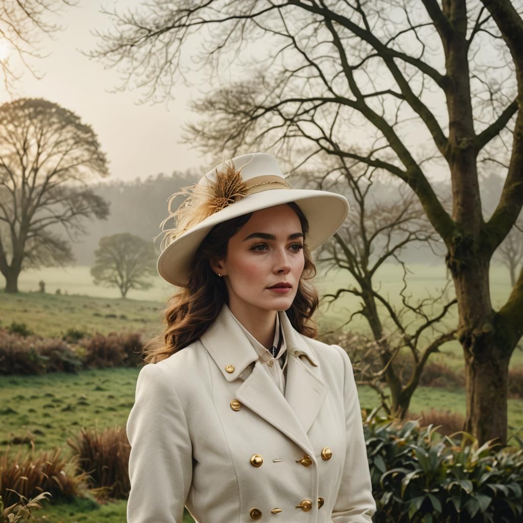 Elegant Woman in Vintage Outfit, Misty Countryside
