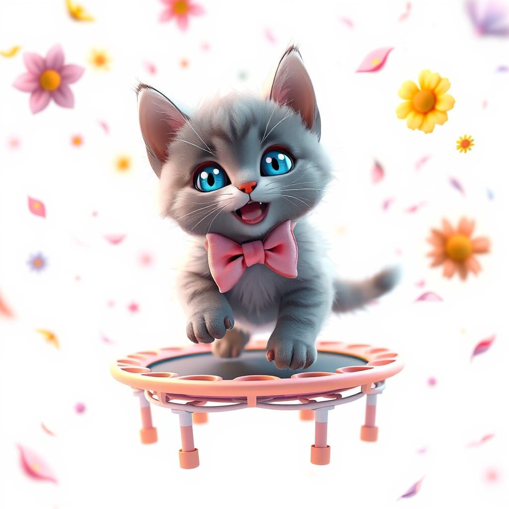 Joyful Grey Kitten Trampolines in a Whimsical Floral Wonderl...