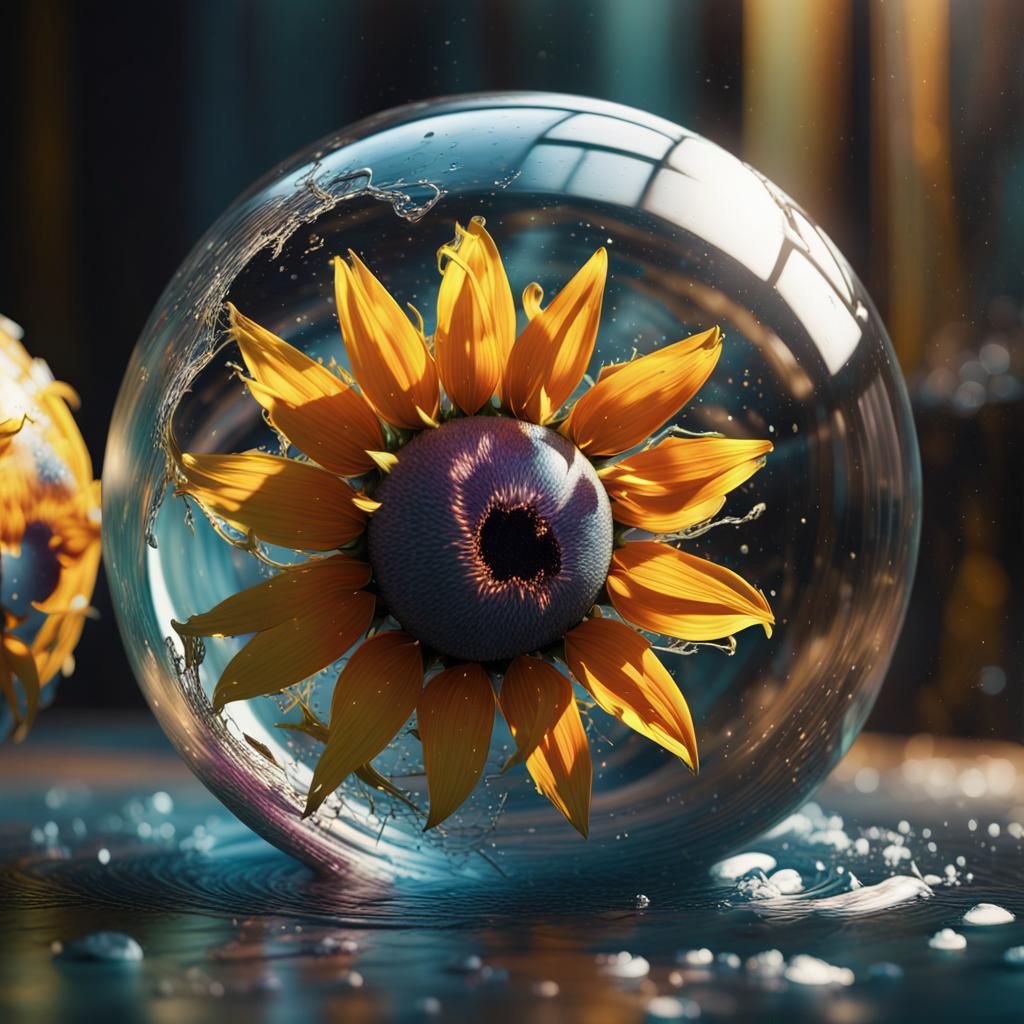 Sunflower in Glass Orb: Hyperrealistic Digital Art