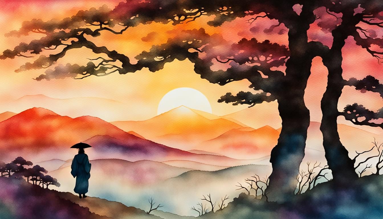 Ukiyo-e Japanese Landscape with Figure in Mist