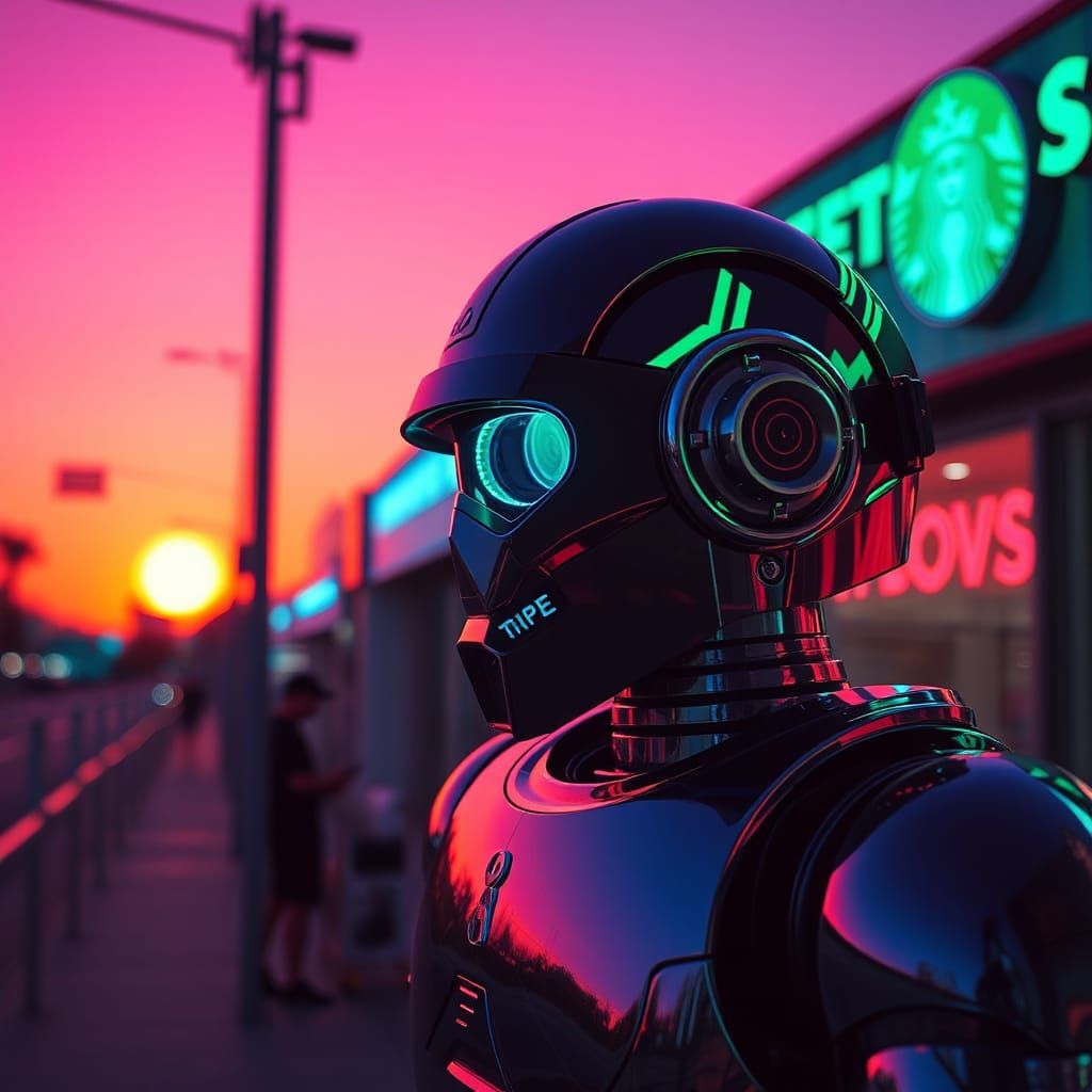 Vaporwave Robot Sunset with Fluorescent Colors